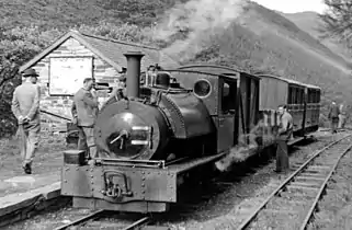 A train in Abergynolwyn station, looking east, 26 September 1953.