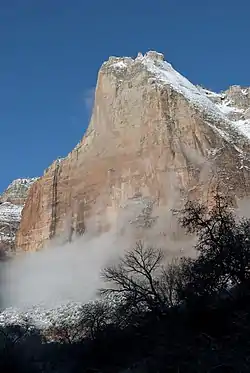 The morning light begins the thaw on Abraham Peak, the tallest of three peaks together known as Court of the Patriarchs, January 2012