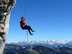 Modern abseiling technique used by climbers uses belay device