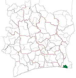 Location in Ivory Coast. Adiaké Department has had these boundaries since 2008.