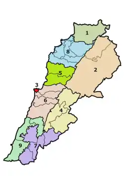 The governorates of Lebanon, including Mount Lebanon (in pink, labelled 6)