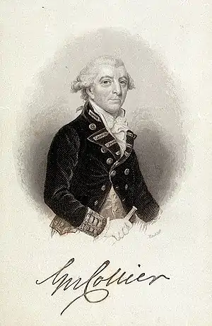 Print of a bewigged man in an 18th-century uniform holding a spyglass