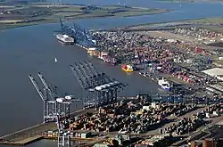 Aerial colour photograph of the Port of Felixstowe