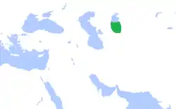 Map showing the territory ruled by the Afrighid dynasty (highlighted in green), abutting the southern shore of the (former) Aral Sea