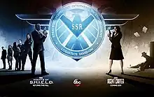 Cast of Agents of S.H.I.E.L.D. (left) and Peggy Carter (right) in a promotional image.