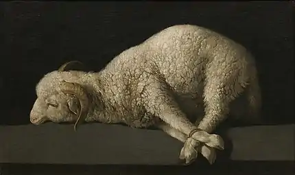 Bodegón with a religious theme — Lamb of God.Agnus Dei by Francisco de Zurbarán;  1635–40, 37 × 62 cm, Prado Museum.