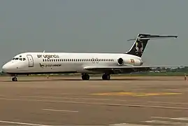 An Air Uganda McDonnell Douglas MD-87 at Entebbe International Airport.