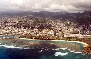 Aerial photo of the coastline including Ala Moana Beach Park