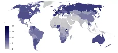 Image 242004 data of alcohol consumption per capita (age 15 or older), per year, by country, in liters of pure alcohol (from List of drinks)