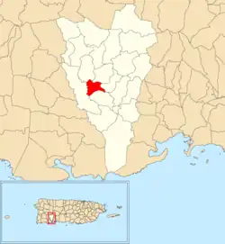 Location of Almácigo Alto within the municipality of Yauco shown in red