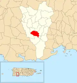 Location of Almácigo Bajo within the municipality of Yauco shown in red