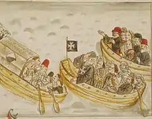 Johann Loesel, grand prior of the langue of Germany, displaying a flag with an eight-pointed cross on a black field in his role as mediator in the Old Zürich War in February 1446 (illustration of Gerold Edlibach's chronicle, c. 1500)