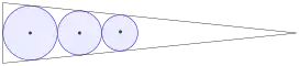 Three circles stacked with a greedy algorithm, maximizing their area in the same triangle.