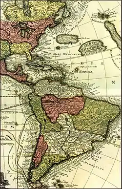 Map of South America, the Caribbean and the eastern part of North America. Several administrative regions are indicated, among others in the north of South America, the New Kingdom of Granada, covering roughly present-day Venezuela, the Guyanas and parts of Colombia. Roughly present-day Ecuador, Peru and Bolivia are marked as pertaining to the Viceroyalty of Peru. Roughly present-day Uruguay, Paraguay, and parts of Argentina and Brazil are marked, pertaining to Paraguay. Santa Cruz de la Sierra is marked in the Viceroyalty of Peru close to the border to Paraguay.