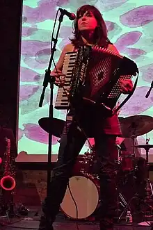 Amy Kohn on accordion during a performance of the Amy Kohn Band at Galapagos Art Space in New York City (January 2009).