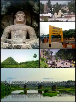 Anakapalli Montage  Clockwise from Top Left: Rock-cut Buddha Statue at Bojjannakonda, View of Anakaplle Town, Anakapalli railway Station, Streets of Anakapalli, Rail Bridge on Sarada River, View of Satyanarayana Konda