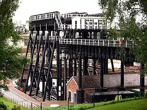 View of the restored boat lift from canal level.