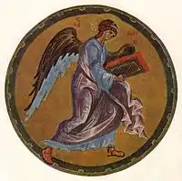 The Angel of Matthew, Andrei Rublev's only known miniature, from the Khitrovo Gospels, c. 1400, containing full-page evangelist portraits and the first Russian full-page symbols.