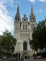 The cross of Lorraine atop Saint Maurice Cathedral in Angers, Maine-et-Loire, France,