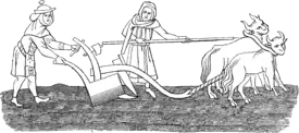 A crude medieval line drawing, showing a man with a team of two oxen ploughing a field, assisted by a woman. Both the man and woman are dressed in long medieval cloths.