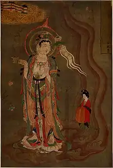 Bodhisattva leading a lady donor towards the Pure Lands. Painting on silk (Library Cave), Late Tang. Mogao Caves