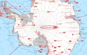 A map of Antarctica showing the location of the Amundsen–Scott South Pole Station (circled)