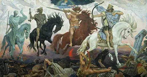 The image is of four humanoids riding horses. The first is a skeleton in a cloth, the second is an older man carrying a scale, the third is a shirtless man yielding a sword, and the final is a man in regal attire wearing a crown and wielding a bow.