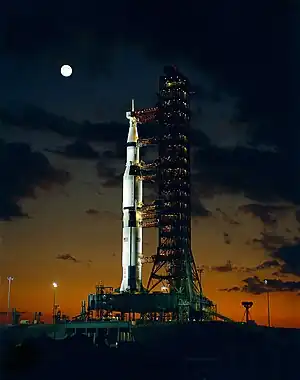 Early morning view on November 9, 1967 of Pad A, Launch Complex 39, Kennedy Space Center, showing Apollo 4 Saturn V (Spacecraft 017/Saturn 501) prior to launch later that day. This was the first launch of the Saturn V.