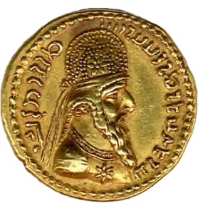 An early Sasanian coin. The king of kings , Ardashir I , wears a Parthian crown.