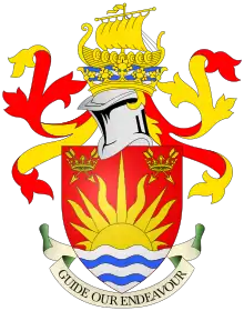 The arms of Suffolk County Council afford an example of a crest-coronet. The crest is placed upon an "ancient crown" rather than the usual torse