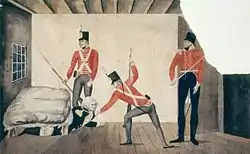 Painting of three soldiers dragging a uniformed gentleman from under a bed