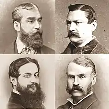  head and shoulders photographs of four youngish white men; the first and third have moustaches and beards, the other two have moustaches