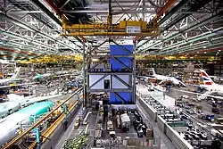 Airplanes being manufactured at the Boeing Everett Factory assembly line