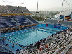 Interior view of the Athens Olympic Aquatic Centre taken from the stands.