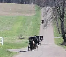 Multiple horse-and-buggies on a rural road