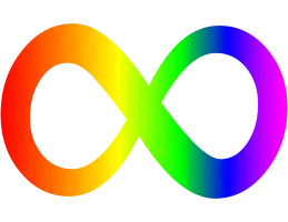 Autism acceptance symbol; an infinity symbol that is rainbow colored.