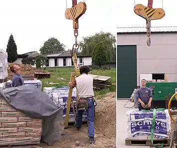 Cranes can mount many different utensils, depending on load (left). Cranes can be remote-controlled from the ground, allowing much more precise control, but without the view that a position atop the crane provides (right).