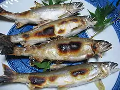 Ayu no shio yaki (Ayu grilled with salt)