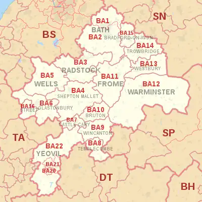 BA postcode area map, showing postcode districts, post towns and neighbouring postcode areas.