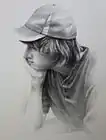 graphite drawing of pensive young blue collar worker, wearing cap and worn clothing, dreaming of future inventions