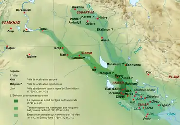 The extent of the Old Babylonian Empire at the start and end of Hammurabi of Babylon's reign, c. 1792 BC – c. 1750 BC