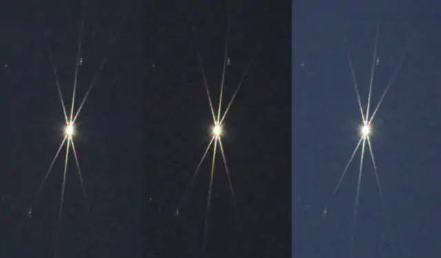 Example diffraction patterns produced by a Bahtinov mask(middle: in focus, left and right: slightly out of focus)