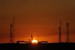 Baikonur Cosmodrome's "Gagarin's Start" Soyuz launch pad prior to the rollout of Soyuz TMA-13, October 10, 2008.