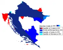 Territory of the Banovina Croatia compared to territory of the present-day countries as well as the prior existing banates.