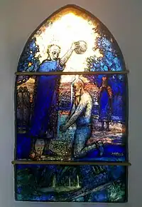 Stained Glass window depicting the baptism of King Cynegils, by the artist Thomas Denny