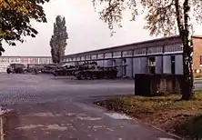 A photograph of A Squadron 3 RTR's tank park inside Barker Barracks c1981. Taken from ground level directly behind the main HQ building it is looking northwards.