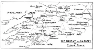 A map of Carbery in Tudor times featuring the various Gaelic clans living in the area.