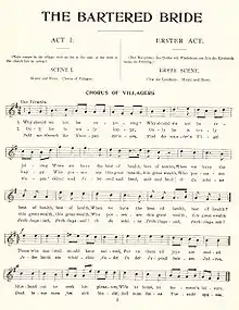 A page of sheet music shows a melody under the headings "THE BARTERED BRIDE", "ACT I.", "SCENE I.", and "CHORUS OF VILLAGERS".