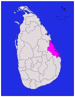 Area map of Batticaloa District, located along the east by north coast, in the Eastern Province of Sri Lanka