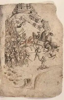 A torn manuscript page with a medieval line-drawing of a battle.